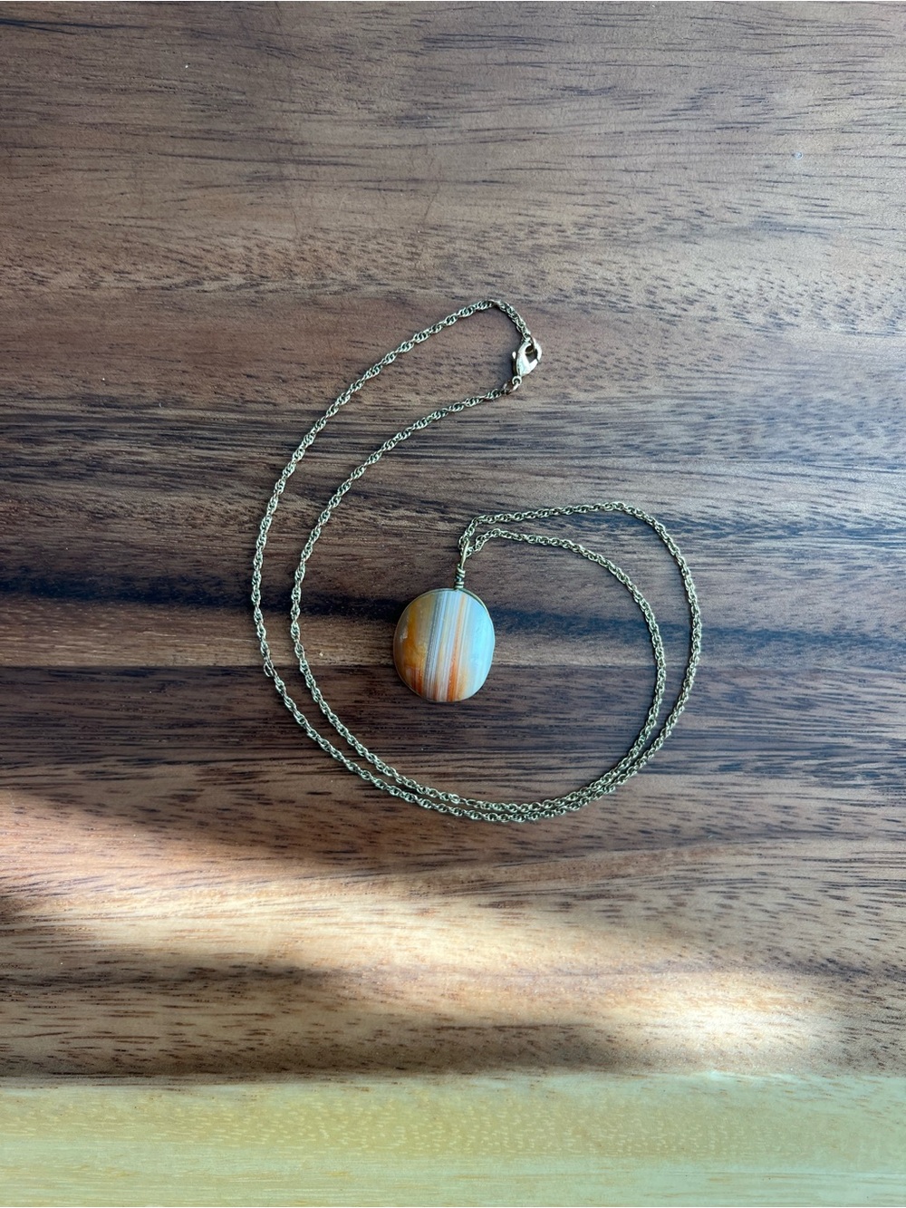 Gold Chain Necklace with Striped Agate Pendant - Orange & Cream